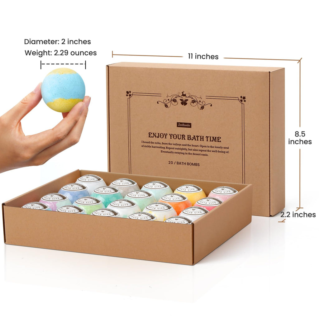 ZenBombs Bath Bombs Set, 20 pcs Natural Shea Butter & Safe Oil Bath Bomb for Skin Moisturizing, Handmade Bubble Bath & Fizzy, Ideal Presents for Women