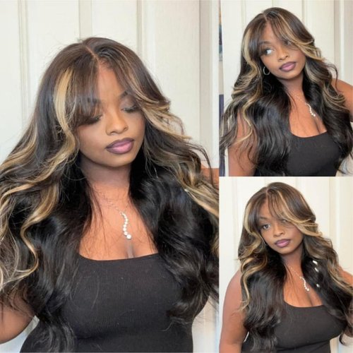 goodear 13x6 Lace Frontal Brown Highlight Wig for Women, Long Wavy Lace Hairline Middle Part Synthetic Heat Resistant Wig for Daily Party - 24 Inch