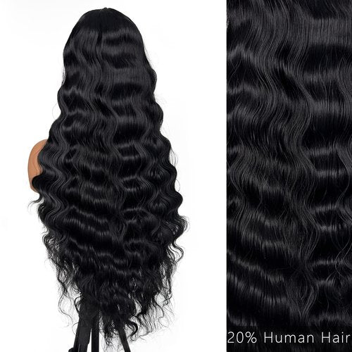 MITIMES 30inch HD Crimp Curly Lace Front Wig for Black Women Pre Plucked Human Hair Blended Synthetic Butter Loose Deep Wave Lace Frontal Curly Wigs(30Inch, Black)