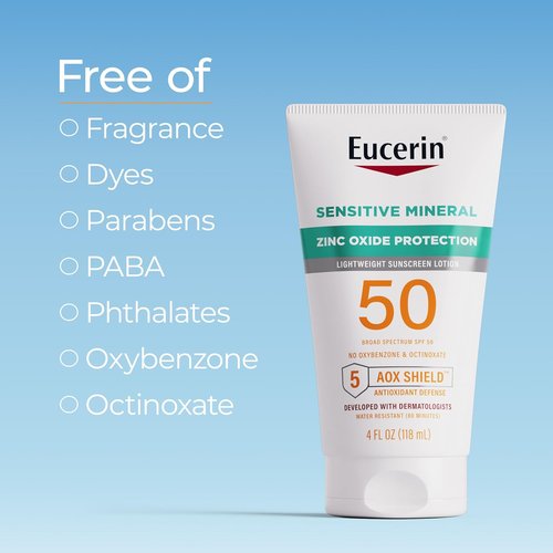 Eucerin Sunscreen Lotion SPF 50 - Mineral Protection with Zinc Oxide | Hypoallergenic for Sensitive Skin, 4 Fl Oz