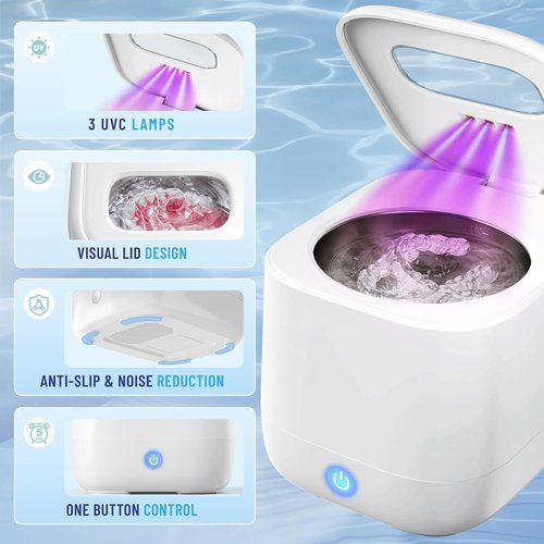 Sonolab Ultrasonic Retainer Cleaner Machine with Removable Tank and Cleaning Tablets, 45kHz Sonic Dental Cleaning Pod, 240ml Large Capacity Ultrasonic UV Cleaner for Dentures, Aligners, Mouth Guards