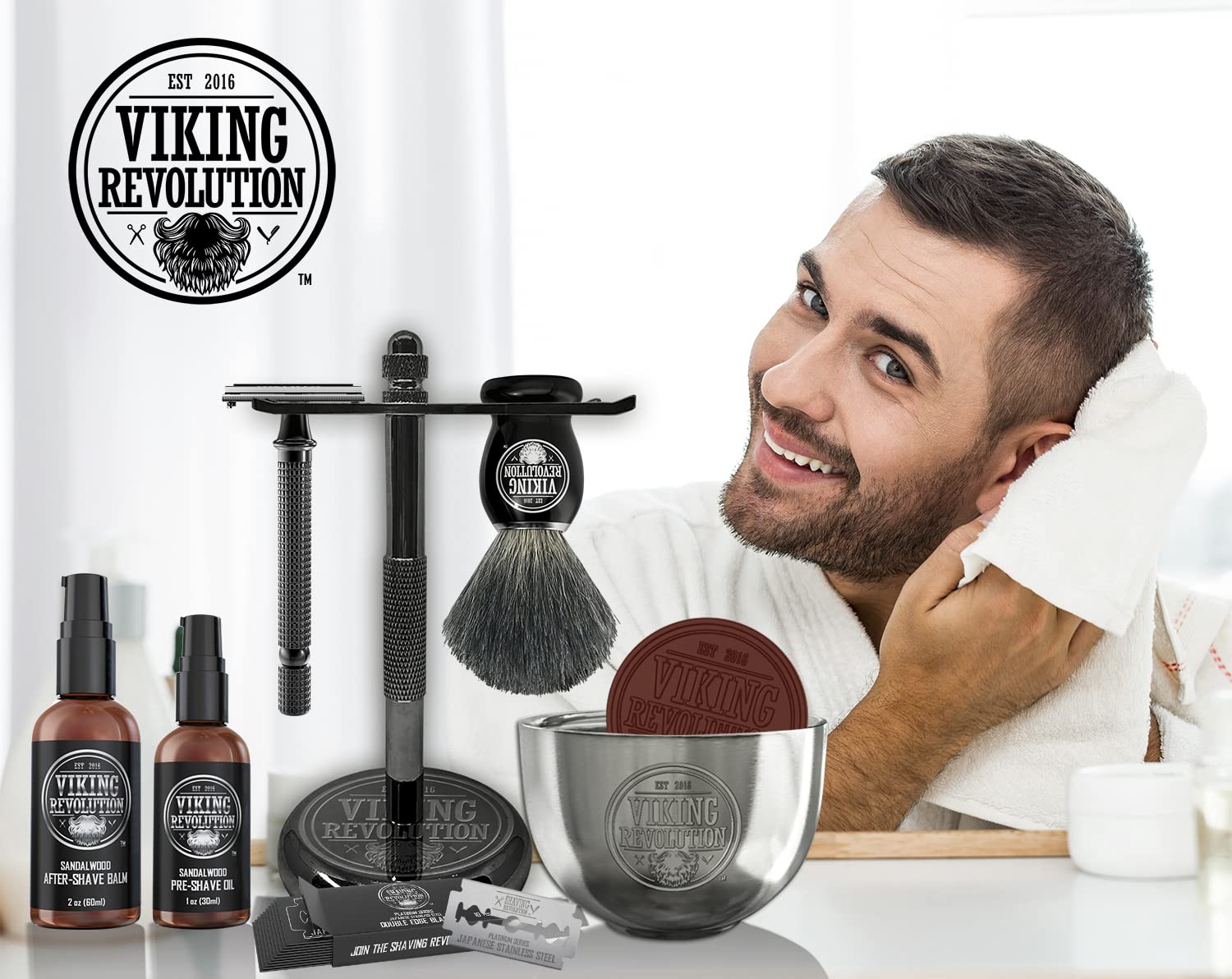 Viking Revolution Luxury Safety Razor Shaving Kit - Includes Double Edge Safety Razor, Stand, Bowl, After-Shave Balm, Pre-Shave Oil, Badger Brush - Safety Razor Kit