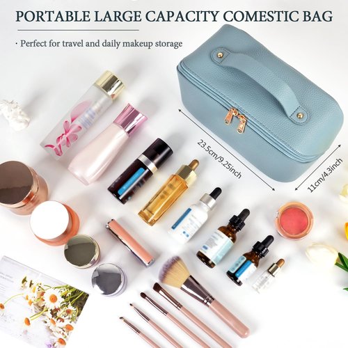 Large Capacity Cosmetic Bag, Travel Cosmetic Storage Bag with Handle, Portable Zipper Cosmetic Bag Toiletry Bag Makeup Bag Large with Compartments for Women Girls (Blue)