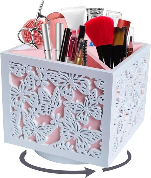 DUO GE MAO 360 Rotating Makeup Brush Holder with Butterfly Cutout, Pink Makeup Brush Organizer for Vanity - 4 Compartment Spinning Wooden Desk Organizer for Pens, Lipsticks, Eyebrow Pencils