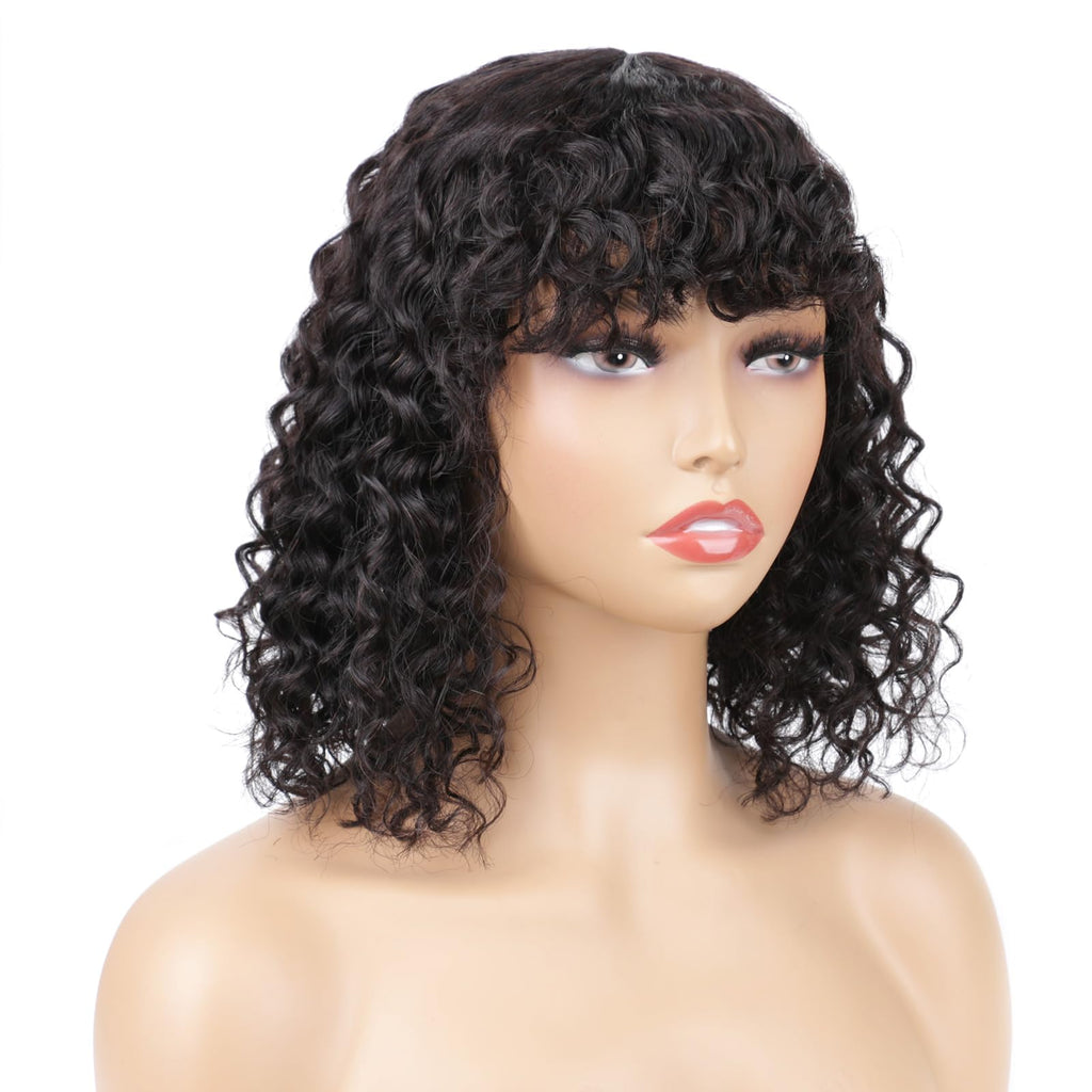 VIYAVIYA Water Bob Wig With Bangs 14inch Short Curly Wigs for Black Women None Lace 130% Density Glueless Human Hair Water Wave Brazilian Hair wigs Natural Color