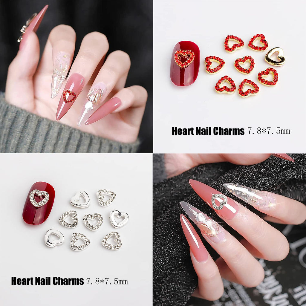 XEAOHESY 40 Pieces Gold and Silver Alloy Heart Charms for Nails Love Heart Nail Charms Gems Christmas Nail Studs Inlaid Rhinestone Pearls for Women Girls Valentine's Day