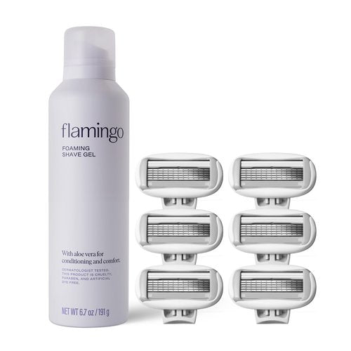 Flamingo Foaming Shaving Gel and Original Razor Blade Refill Cartridges - 6 Count - Shaving Razor Set for Women