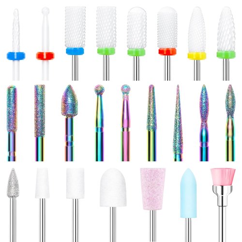 Modelones 24 Pcs Nail Drill Bit Set, 3/32” Ceramic Diamond Carbide Nail Drill Bits, Acrylic Gel Nail Bit Kit, Cuticle Remover Bits for Acrylic Gel Dip Powder Nail Manicure Pedicure