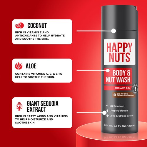 HAPPY NUTS Big Wood Body and Nut Wash - Moisturizing Men's Shower Gel, Natural Bodywash with Deep Cleanse for Sensitive Skin - Men's Body Soap (8.5 Fl Oz (Pack of 1), Big Wood)