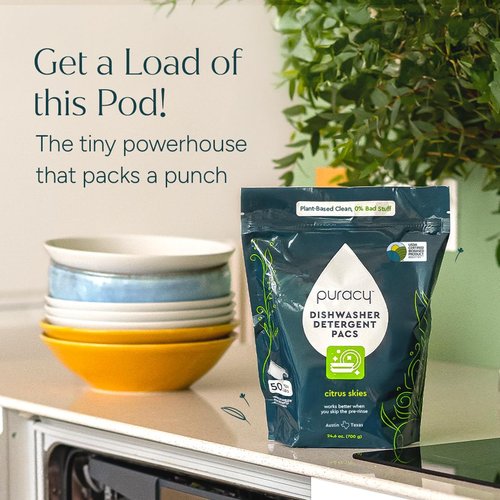 Puracy Dishwasher Pods - Enzyme-Powered Natural Detergent for Spotless Dishes | Citrus Skies, 50 Count