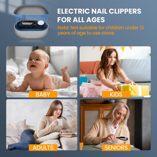 MOSKESON Electric Nail Clipper: 3-in-1 Automatic Fingernail Trimmer, Polisher & Clip Storage with LED Light, USB Rechargeable & 2 Speed Gears Automatic Safety Nails Cutter for Baby Kids Adult (Grey)