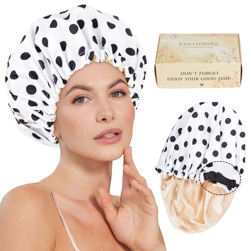 Luvruitaky Large Shower Caps for Women Reusable Waterproof Satin Lined Shower Cap with Adjustable Band Double Layer Design Luxury Washable Bath Hair Bonnet (Black Dot)