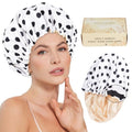 Luvruitaky Large Shower Caps for Women Reusable Waterproof Satin Lined Shower Cap with Adjustable Band Double Layer Design Luxury Washable Bath Hair Bonnet (Black Dot)