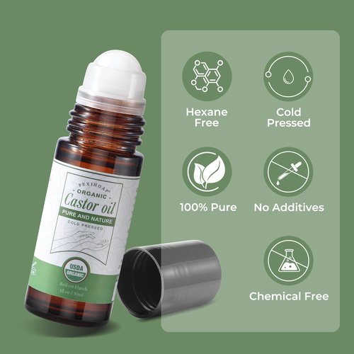 Pexihoap Castor Oil Roll on for Waist Belly Body Skin, Certified Organic Pure Cold Pressed Body Castor Oil Roller Stick Glass Bottle - 1fl.oz