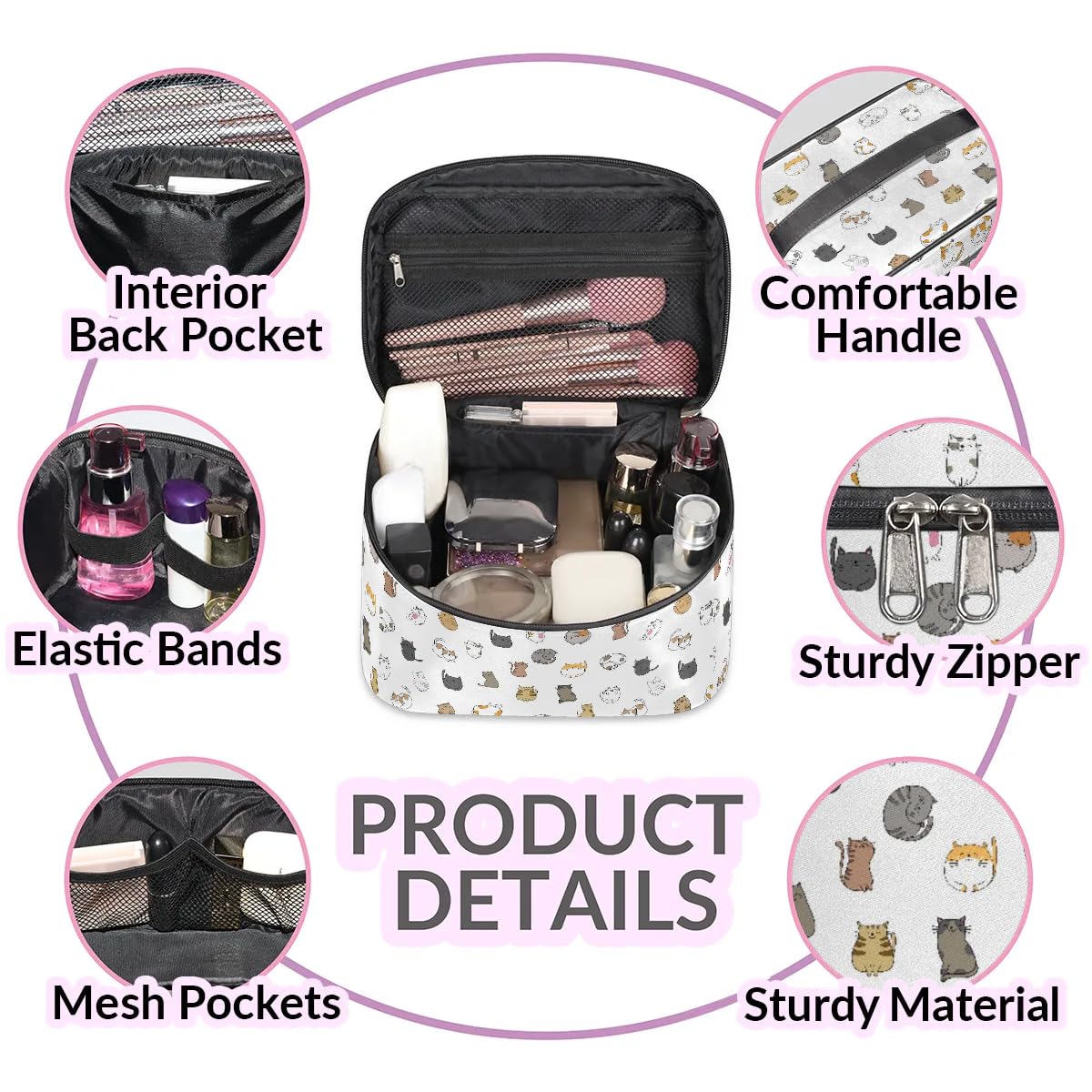 YoCosy Large Makeup Bag Travel Cosmetic Bags for Women White Cute Colorful Animal Cat Makeup Organizer Case Toiletry Bag for Girls Traveling Wide Open Portable Pouch with Handle