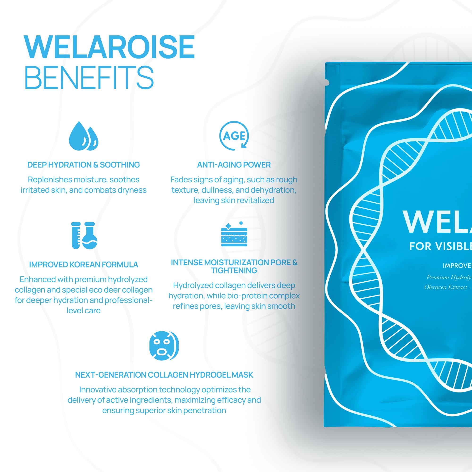 Welaroise Bio Protein Collagen Hydrogel Deep Face Mask +35% More Collagen, Intense Hydration & Moisturization, Firming, Anti-Aging, Skin Renewal, Korean Skincare (Pack of 5)