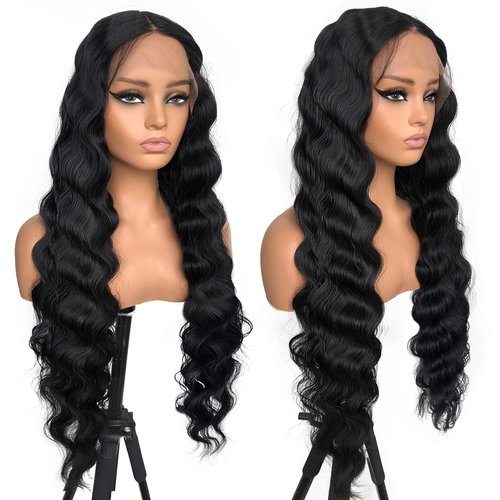 MITIMES 30inch HD Crimp Curly Lace Front Wig for Black Women Pre Plucked Human Hair Blended Synthetic Butter Loose Deep Wave Lace Frontal Curly Wigs(30Inch, Black)