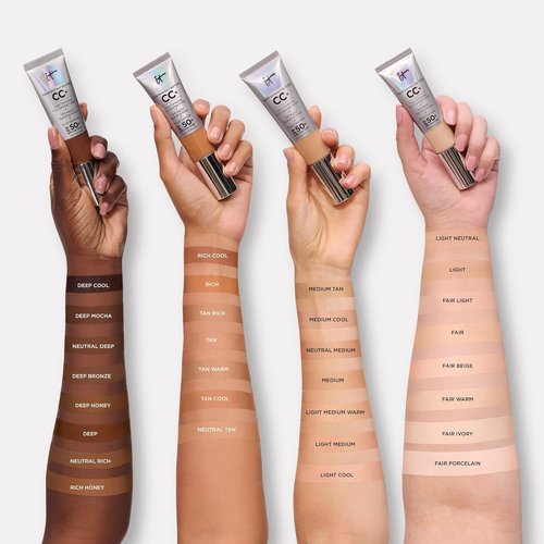 IT Cosmetics CC+ Cream - Full Coverage Foundation with SPF 50+ | Fair Beige (1.08 fl oz) & Brush #7 for Blending