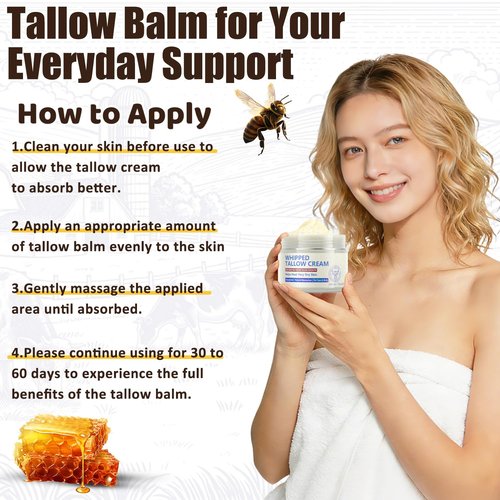JIIANERY Beef Tallow for Skin, Natural Beef Tallow for Face, 100% Organic Grass Fed Finished Whipped Tallow and Honey Balm, Tallow Cream for Skin Care, Tallow Face Moisturizer Body Lotion