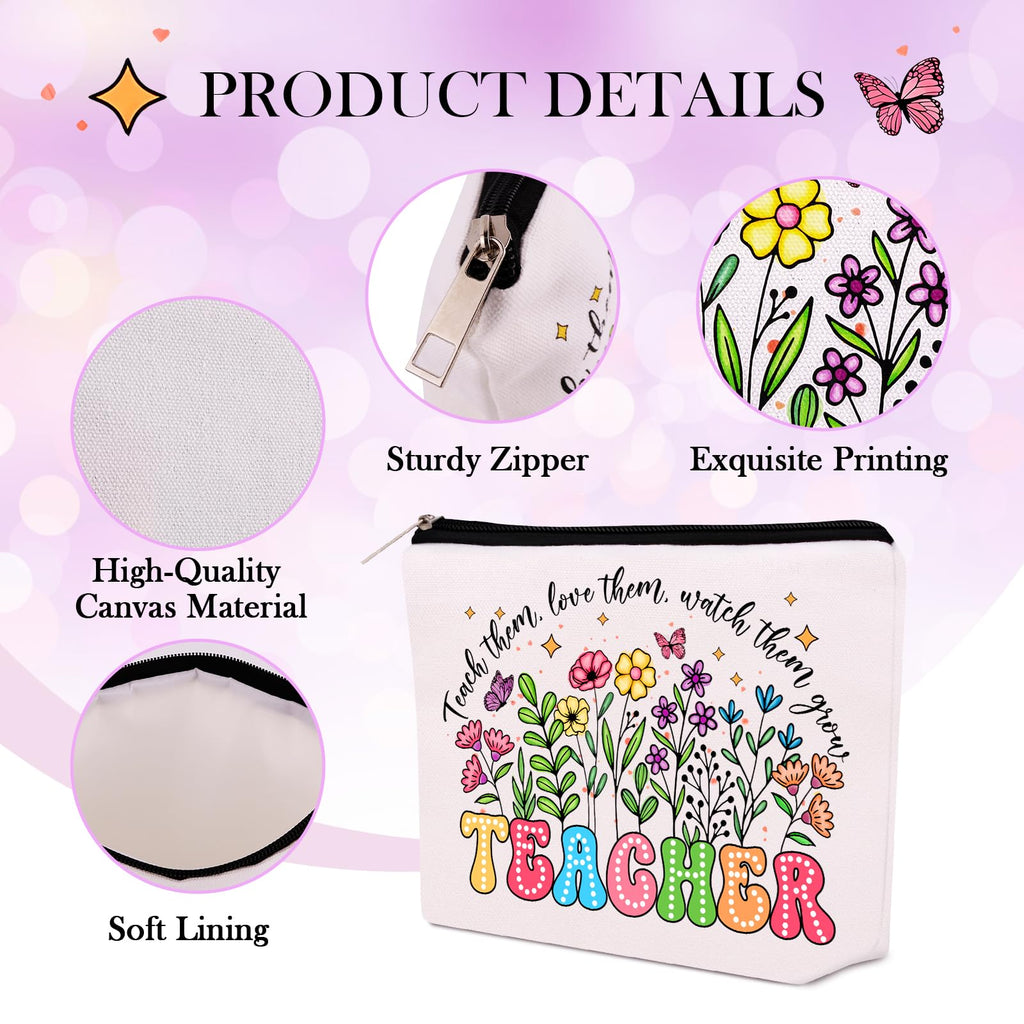 WINOWIMO Personalized Teacher Appreciation Gifts for Women, Thank You Graduation Gifts with Teacher Makeup Bag, Initial Cute Keychain, Teach Bracelets and Thank You Card (S)
