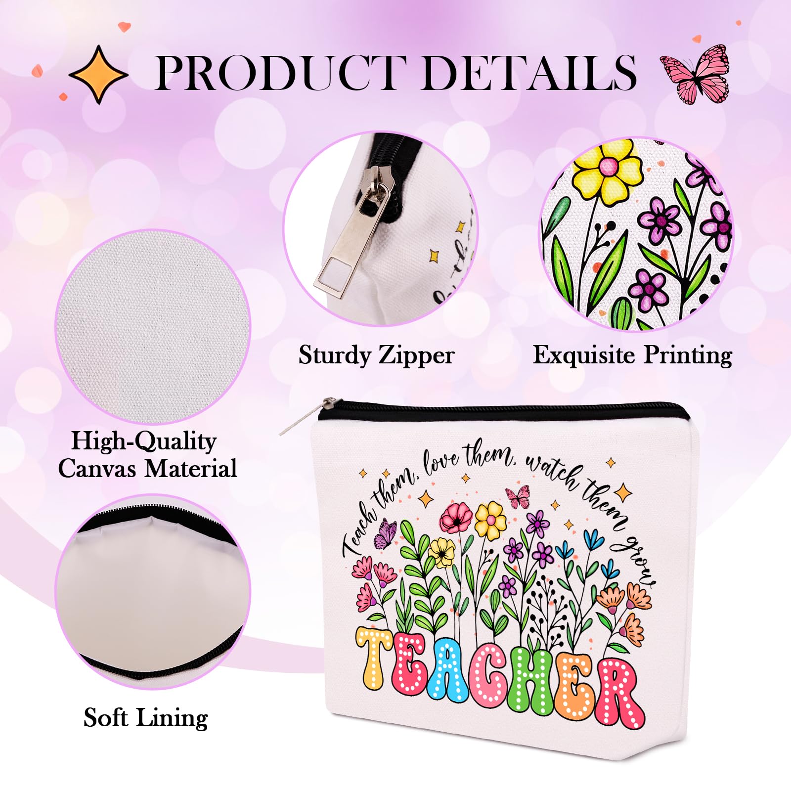 WINOWIMO Personalized Teacher Appreciation Gifts for Women, Thank You Graduation Gifts with Teacher Makeup Bag, Initial Cute Keychain, Teach Bracelets and Thank You Card (S)