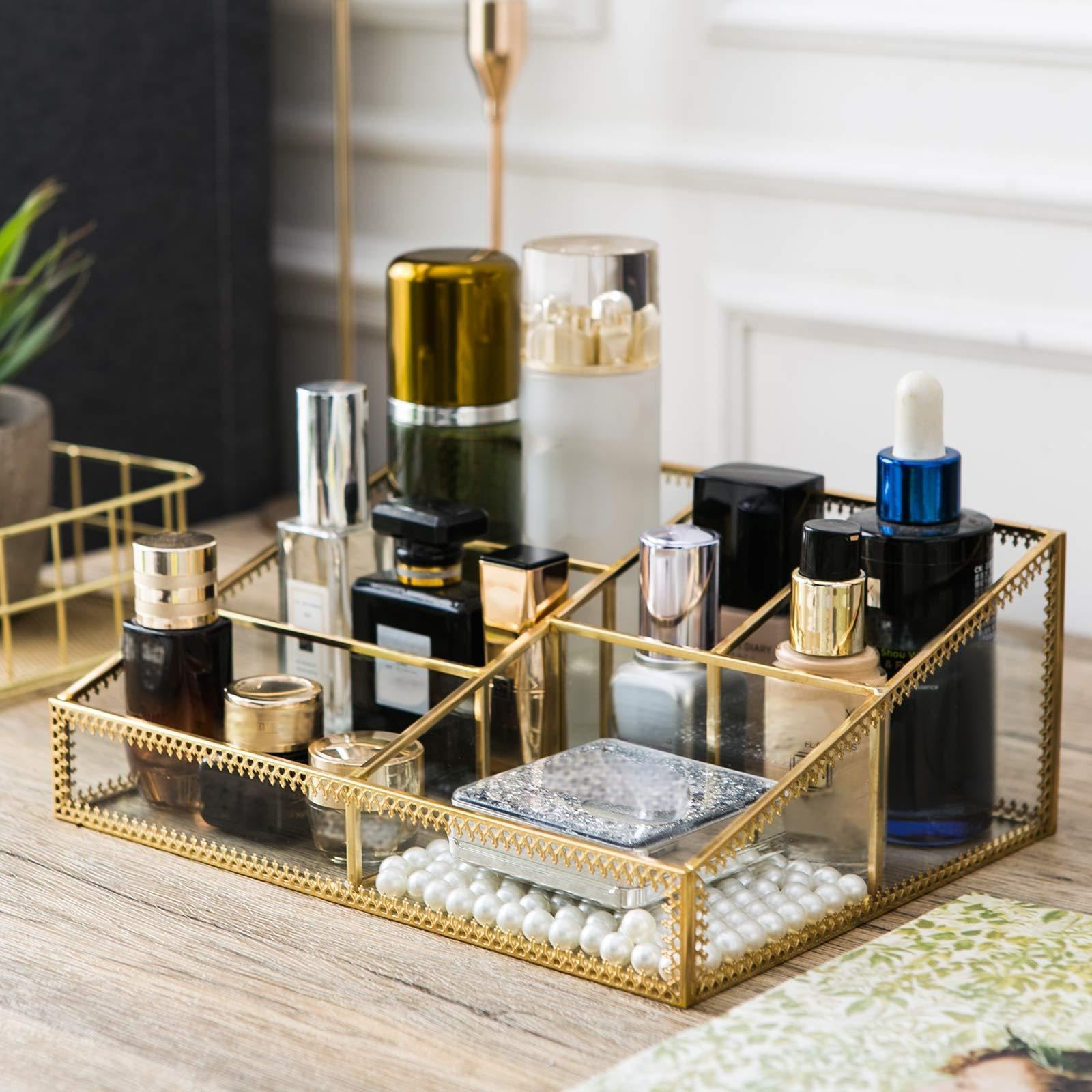 WHSLILR Vintage Gold Makeup Organizer - Glass Makeup Organizer Countertop Organizer for Make-Up Brushes Vanity, Tabletop Organizer Display Case for Bathroom, Vanity, Drawers GJB001