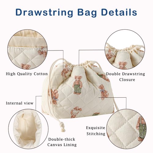 RSRSLEII 3Pcs Aesthetic Cotton Quilted Drawstring Makeup Bag Set, Aesthetic Cute Bow Makeup Pouch for Girls and Women, Aesthetic Travel Organized Cosmetic Bags for Purse(01Bear)
