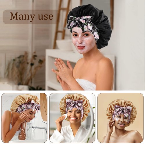 IJRPLM 2Pcs Silk Bonnet for Sleeping,Large Satin Bonnet with Tie Band,Night Sleep Cap for Women,Satin Bonnet for Curly Hair(Champagne gold + Black)
