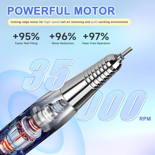 Rechargeable Nail Drill 35000RPM Electric Nail File for Acrylic & Gel Long Lasting Battery 6pcs Polishing Tools and Sanding Bands Kit Portable for Home Salon and Travel - Sunset Blue
