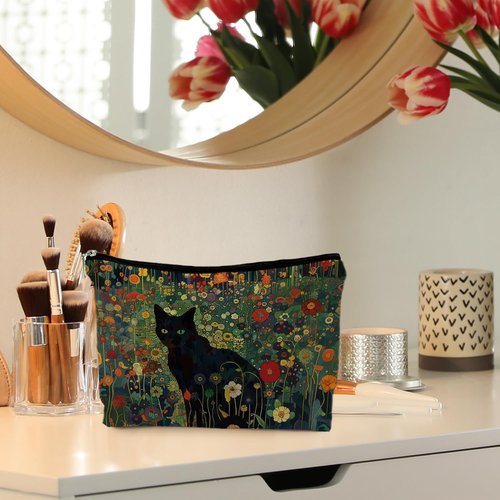 RYYCDOI Cat Gifts for Women Cat Lovers, Floral Black Cat Makeup Bags for Women Cosmetic Pouch