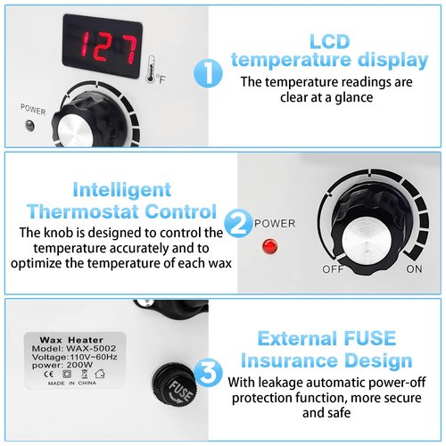 Portable Wax Warmer Machine for Painless Hair Removal, Women Men Professional Wax Heater with Adjustable Temperature Set, 20pcs Sticks (White - Double Pots-Digital)