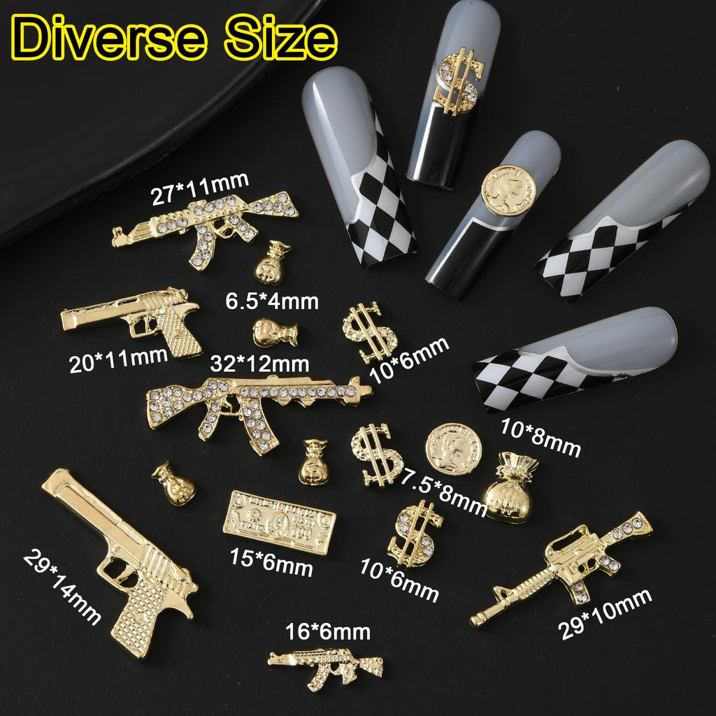 ZUMILLMN 62PCS 3D Nail Charms for Alloy Nails,Set Nail Art Decoration with Gold Dollar, Gun, and Coin,Nail Stones and Jewels Accessories for Nail Supplies Manicure Craft DIY(Gold)