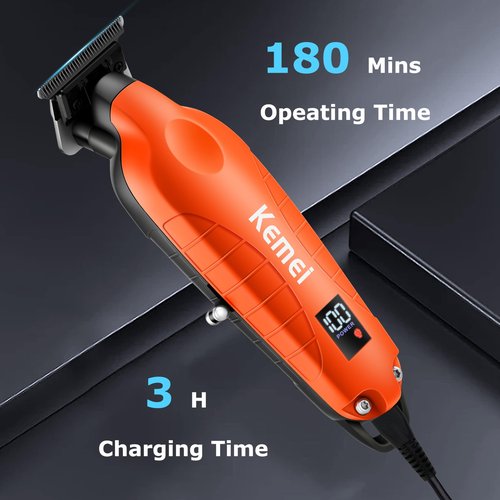 KEMEI 2293 Zero Gapped Hair Trimmer for Men, Cordless T Blade Beard Trimmer with LED Display, Professional Barber Hair Clippers, Orange