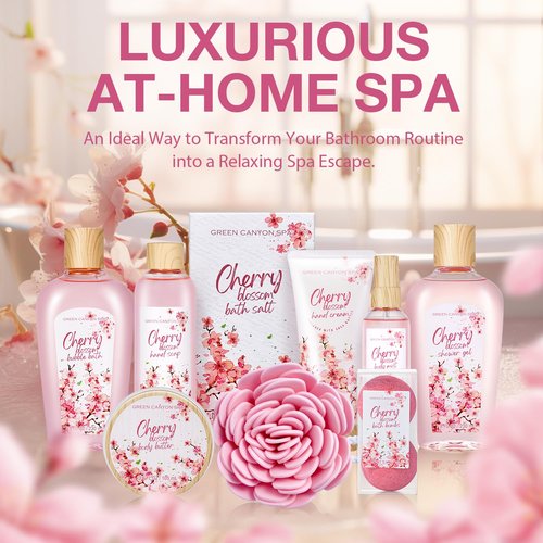 Green Canyon Spa Birthday Gifts for Women 11 Pcs Cherry Blossom Spa Gift Baskets Birthday Gift for Mom Her Friend Sister Wife Mothers Day Gifts for Her Bath and Body Gift Sets Presents for Her