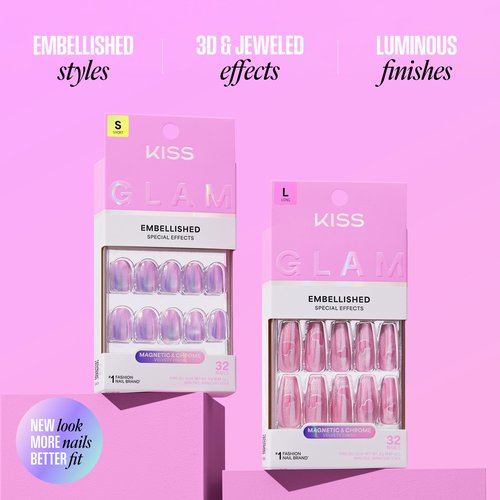 KISS GLAM, Press On Nails, Nail glue included, 'Glow Forever', Blue, Medium Size, Almond Shape, Includes 32 Nails, 2g Glue, 1 Manicure Stick, 1 Mini File