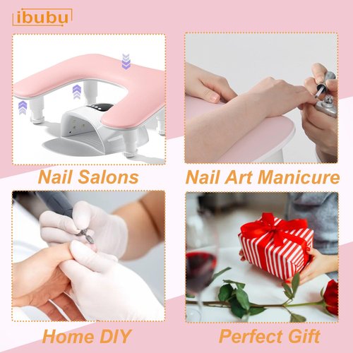 ibubu Manicure Big Nail Arm Pillow Rest U-Shaped Height Adjustable Armrest PU Leather Hand Stand Rest for Nails Tech Pink