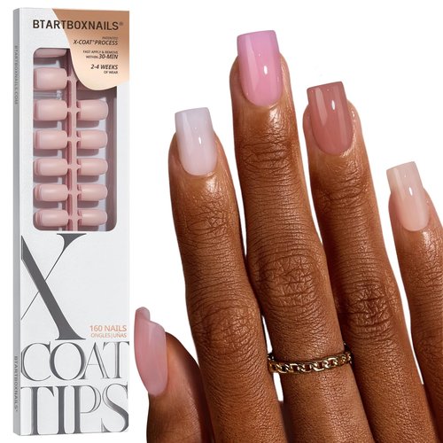 BTArtboxnails XCOATTIPS Bare 5-Shades Nude Press on Nails - Short Square Press on Nails, 4-Week Wear, Easy Apply, Soak Off, Salon Quality Value at Home, 16 Sizes - 160 Fake Nails