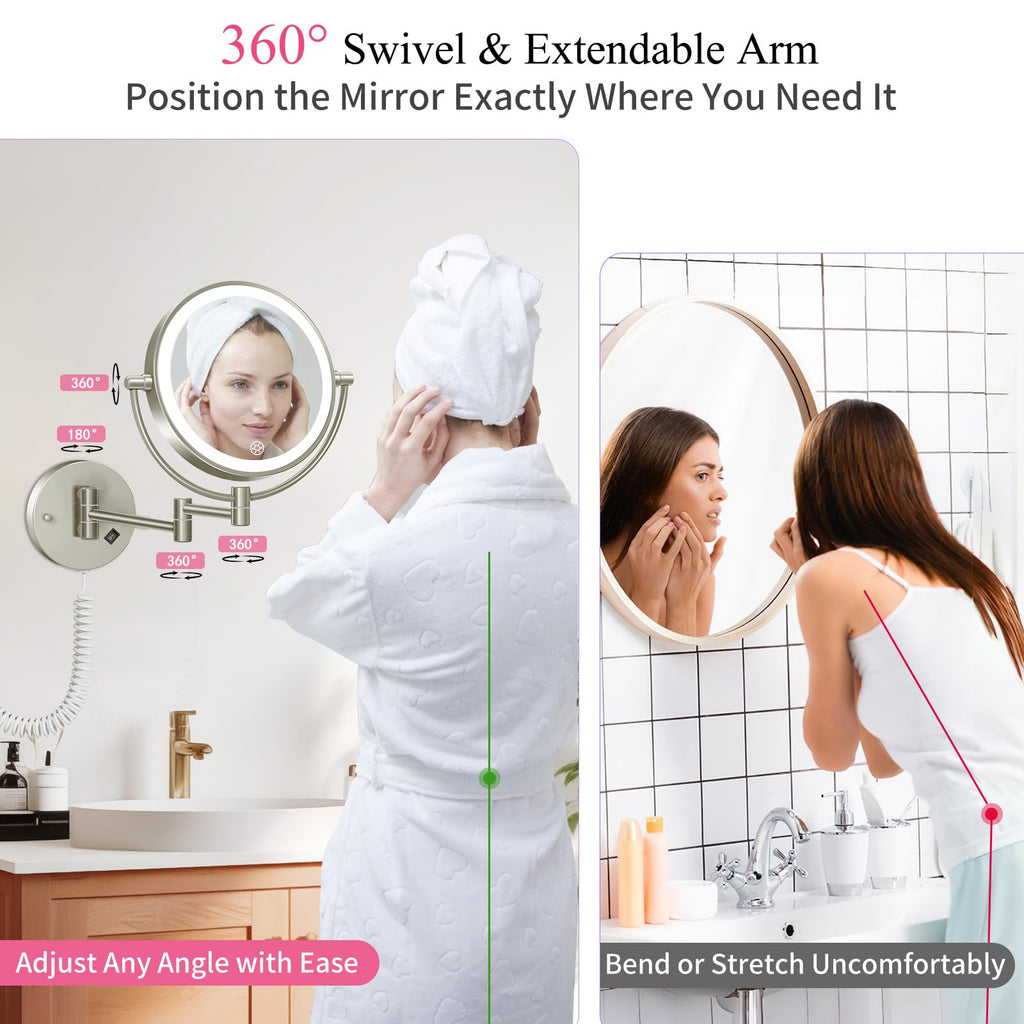 Wall Mounted Makeup Mirror with Lights, 30X/1X Double-Sided Magnifying, Plug-in Lighted Vanity Mirror with 3 Color Modes, Dimmable Brightness, 360° Swivel Extendable Arm for Bathroom & Grooming