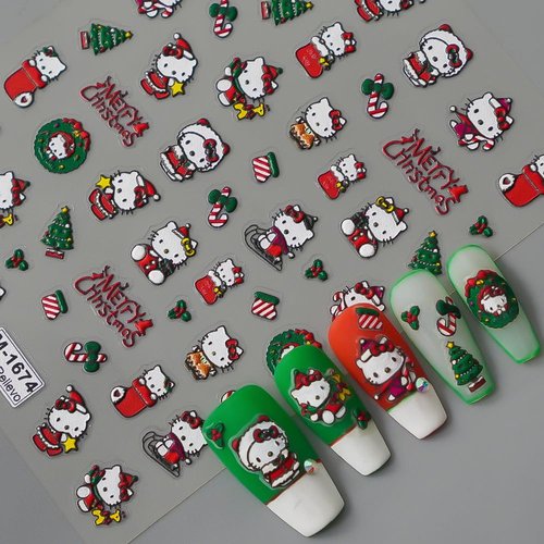 Cute 5D Relief Nail Art Sticker Decals Self Adhesive Christmas Cat Design Nail Decals Cartoon Cat Designer Nail Stickers for Women DIY Manicure Xmas Nail Stickers Decoration Accessories Supply
