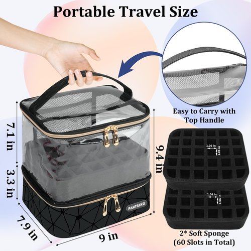 Partreko Clear Nail Polish Organizer Holds 60 Bottles (15ml/0.5fl.oz)& Nail Lamp, Double Layer Nail Supplies Organizer Case Transparent, PU Leather Nail kit Storage Bag for Manicure Tools (Black)