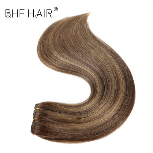 14" Clip in Remy Human Hair Extensions Chocolate Brown to Caramel Blonde Balayage Double Weft Thickness to Ends, 100% Human Hair Extensions for Women, 6 Pieces 70g / 2.45oz.