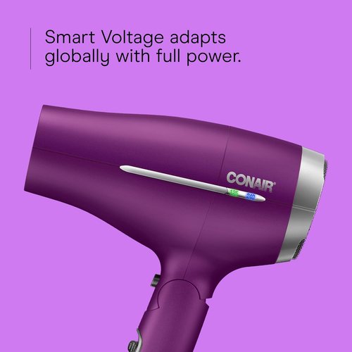 Conair Folding Handle Hair Dryer - 1875W Travel Blow Dryer with Ionic Conditioning & Smart Voltage | Purple
