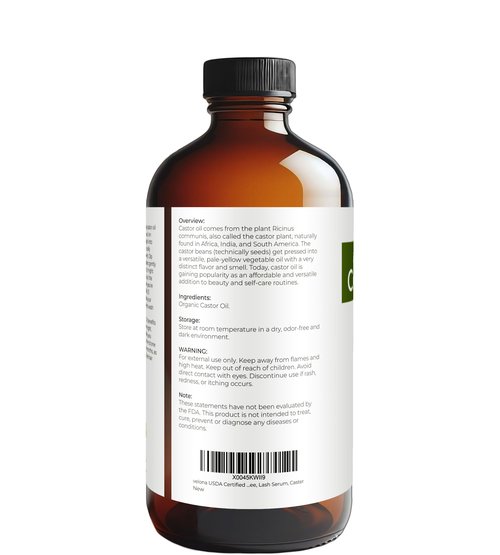 velona USDA Certified Organic Castor Oil – 16 fl oz in Glass Bottle | Cold-Pressed, Hexane-Free, USP Grade | Promotes Hair Growth, Eyelash & Eyebrow Enhancement | Bottled in USA