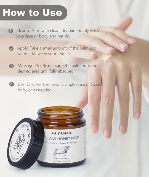 MUZAMOX Beef Tallow for Skin (4 OZ), Whipped Beef Tallow and Honey Balm, Tallow Face Moisturizer, Grass Fed Beef Tallow for Face and All Skin Types