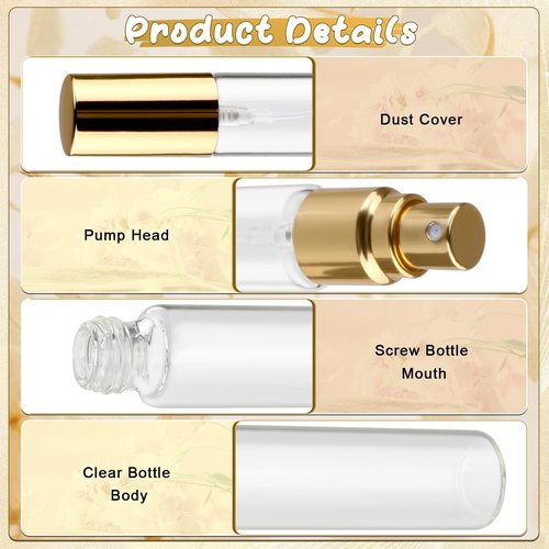 BOSMIOW 25Pcs 10ml Clear Glass Perfume Sample Vials with Golden Pump Head,Mini Empty Fine Mist Atomizer,Portable Essential Oils Spray Bottle,Travel Size Cosmetic Containers