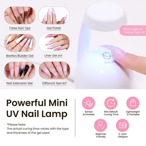 Beetles Tipex Instant Apex Nail Tips Kit, Medium Stiletto, 224 Pcs 16 Sizes Pre-Building Pre-Etched False Nail Tips with Tipex Nail Glue, Mini Nail Lamp