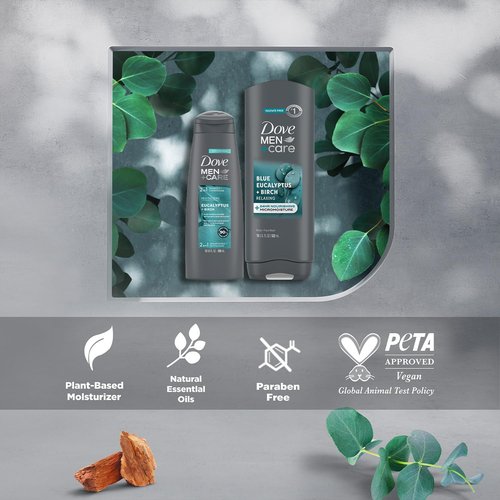Dove Men+ Care Shower Essentials – Relaxing Body + Face Wash, Blue Eucalpytus + Birch & Revitalizing 2-in-1 Shampoo, Eucalyptus + Birch