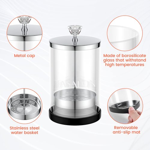 TASALON Barber Jar Pack of 1 - 25 oz Stainless Cap and Glass Jar with Removable Basket, Salon or Nail Spa