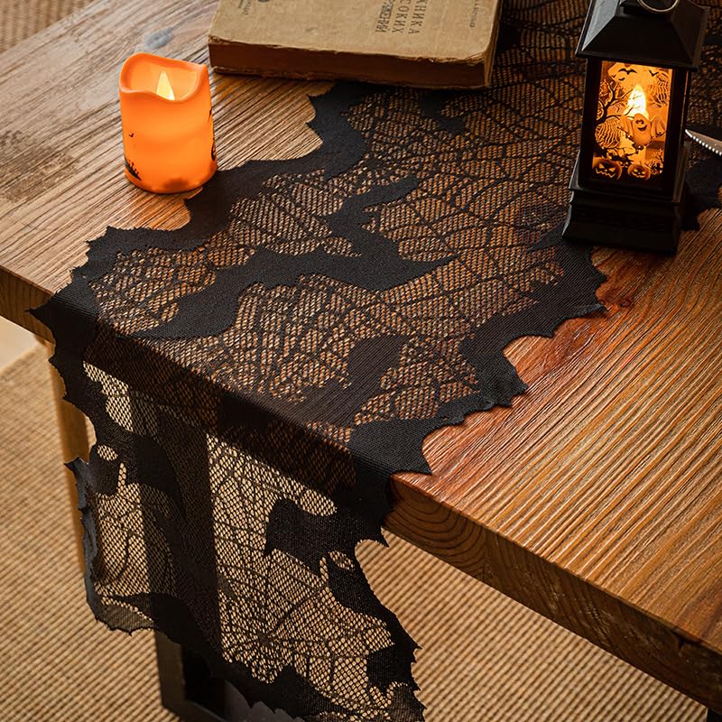 Black Lace Bat Web Halloween Table Runner - 13 x 70 Inch, Spooky Decor