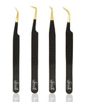 SIVOTE Fiber Tip Lash Tweezers for Eyelash Extensions with Diamond Grip, Black, Set of 4 - Precise Tips Japanese Steel for Classic, Volume & Mega Volume Lashes, Anti-Rust - Ideal for Lash Artists